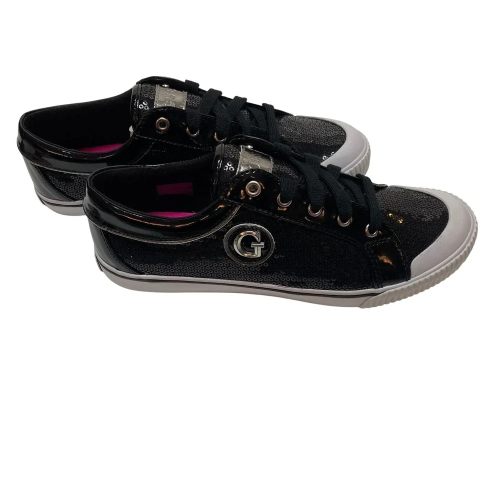 Guess Womens Black Sequin Low Top Sneakers Silver Logo Lace Up
